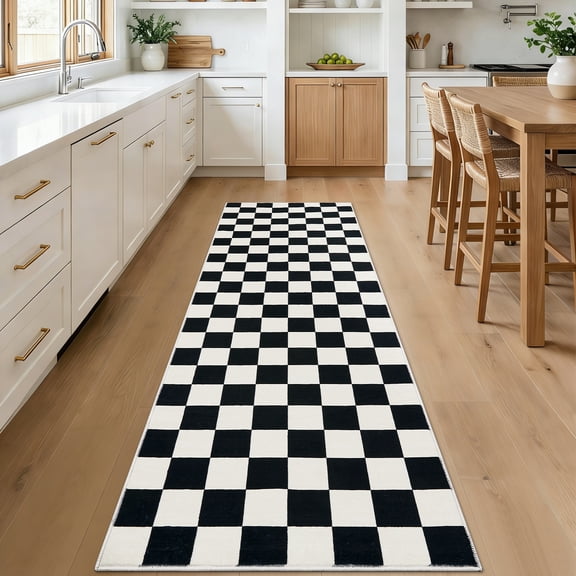 GlowSol 2 x 6 ft Black Beige Geometric Checkered Runner Rug, Washable Soft Non-Slip Low Pile Large Indoor Rug for Living Room, Bedside, Nursery, Hallway