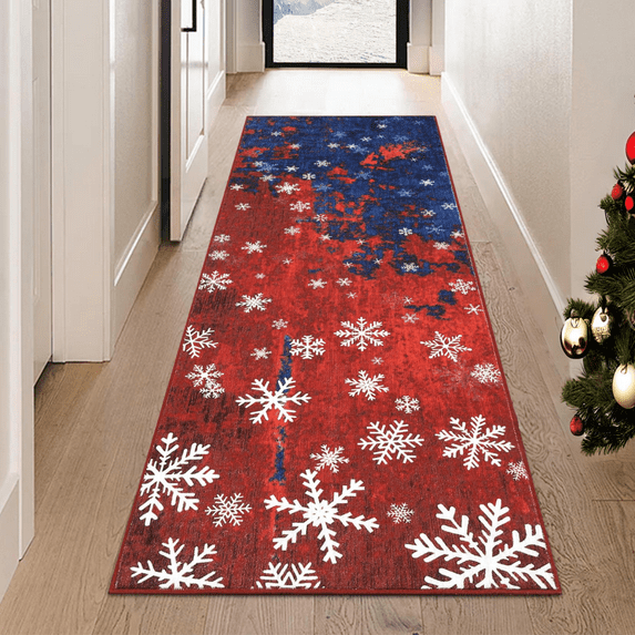 GlowSol 2' x 8' Christmas Runner Rug Washable Xmas Rug Festival Kitchen Hallway Soft Indoor Floor Cover for Laundry Room, Red Blue