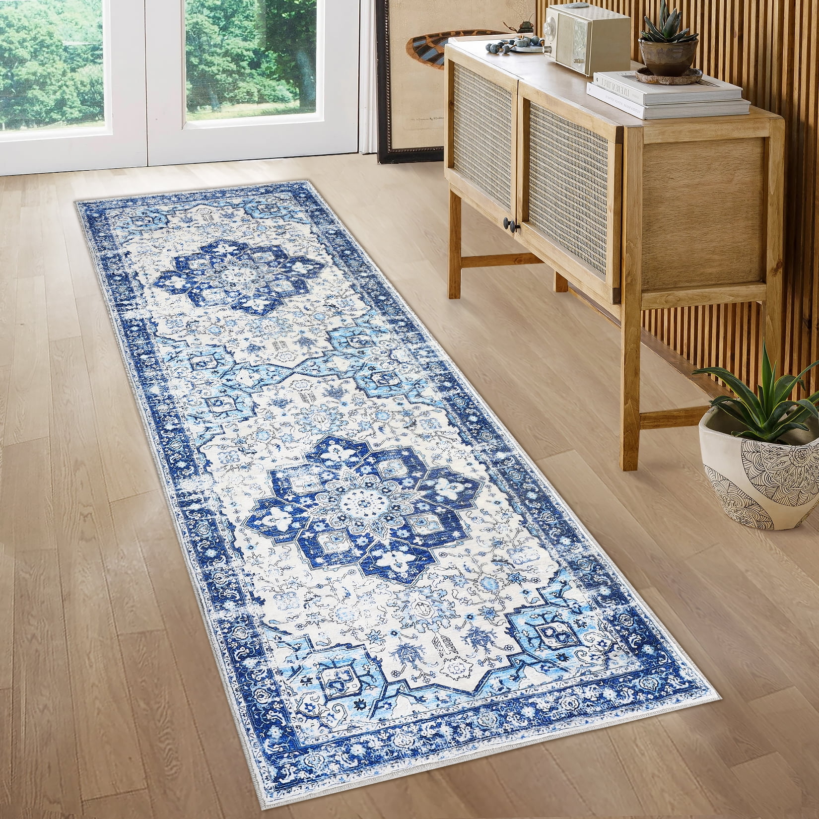 Blue Floral Low Pile Bohemian Runner Rug