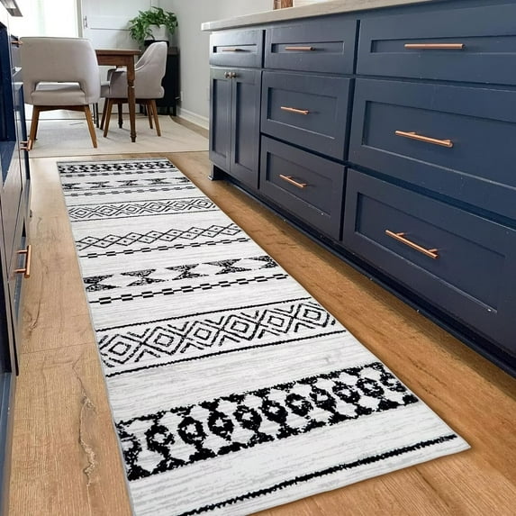 GlowSol 2' x 8' Moroccan Runner Rug Boho Geometric Runners Foldable Thin Rug Soft Stain Resistant Rug for Hallway Kitchen Laundry Room, Black White