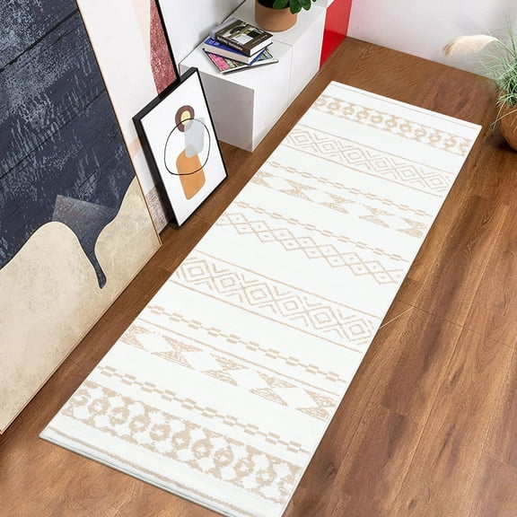 GlowSol 2' x 8' Moroccan Runner Rug Boho Geometric Runners Foldable Thin Rug Soft Stain Resistant Rug for Hallway Kitchen Laundry Room, Light Brown