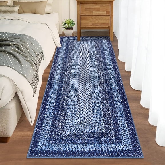 GlowSol 2'x10' Runner Rug Modern Braided Print Runner Rug Washable Non Slip Low Pile Runners for Kitchen Hallway Laundry, Navy Blue