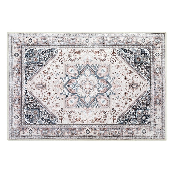 GlowSol 2'x3' Anti-Slip Small Area Rug Floral Print Doormat Vintage Persian Medallion Rug Soft Low-Pile Foldable Rug for Kitchen Bathroom, Pink