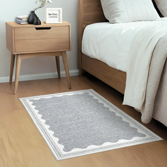 GlowSol 2'x3' Scalloped Border Pattern Rug Small Area Rug Soft Solid Area Rug Non Slip Low Pile Mat for Entryway Bedside, Gray