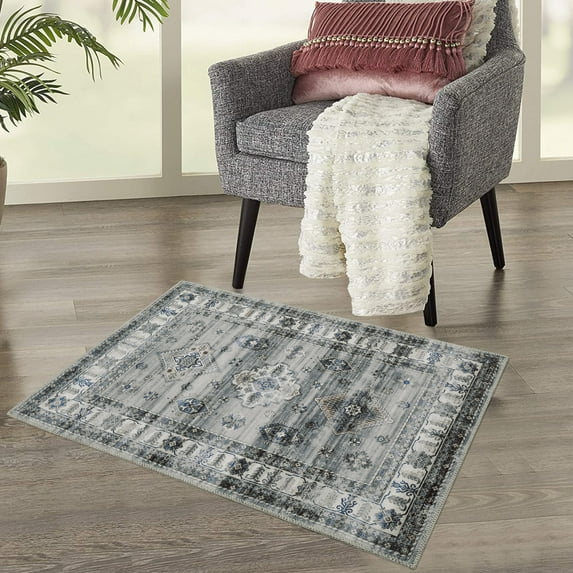 GlowSol 2'x3' Small Entryway Rug Farmhouse Vintage Print Doormat Washable Bohemian Tribal Rugs Non-Slip Low Pile Floor Mat for Kitchen Front Door, Gray/Multi