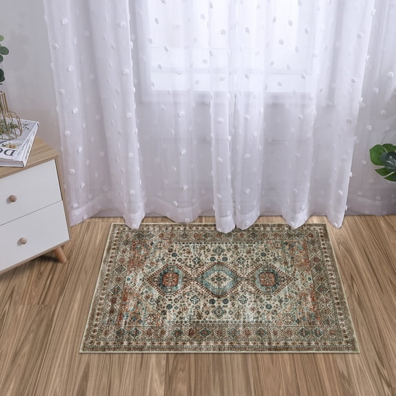 GlowSol 2'x3' Small Throw Rug Vintage Low Pile Washable Mat Non-Slip Persian Kitchen Sink Rug Floor Carpet for Entrance Laundry Bedroom, Brown