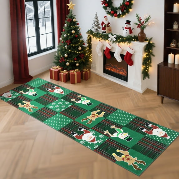 GlowSol 2'x6' Christmas Hallway Runner Rug Indoor Non-Slip Bedsides Runner Rug Xmas Area Rug for Kitchen Laundry Room, Green