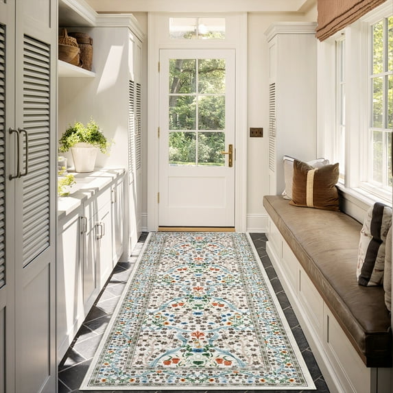 GlowSol 2'x6' Floral Washable Runner Rug Soft Bedside Runner Rugs for Bedroom Non-Slip Low Pile Rug for Kitchen Hallway, Beige