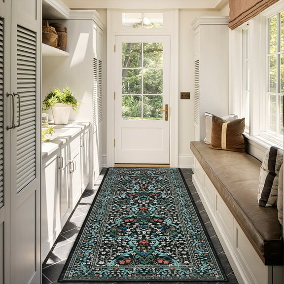 GlowSol 2'x6' Floral Washable Runner Rug Soft Bedside Runner Rugs for Bedroom Non-Slip Low Pile Rug for Kitchen Hallway, Black