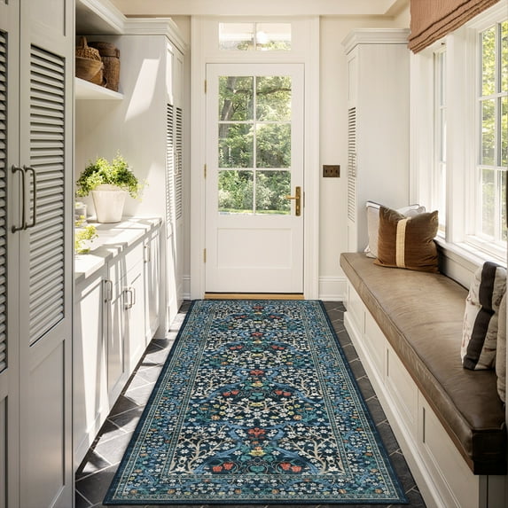 GlowSol 2'x6' Floral Washable Runner Rug Soft Bedside Runner Rugs for Bedroom Non-Slip Low Pile Rug for Kitchen Hallway, Blue