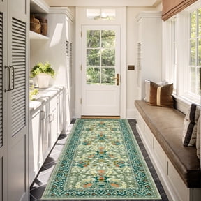 GlowSol 2'x6' Floral Washable Runner Rug Soft Bedside Runner Rugs for Bedroom Non-Slip Low Pile Rug for Kitchen Hallway, Green
