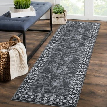 GlowSol 2'x6' Hallway Runner Rug Border Rug Non-Slip Kitchen Bedsides Rug Geometric Border Rug Runner for Laundry Room Bedroom, Gray