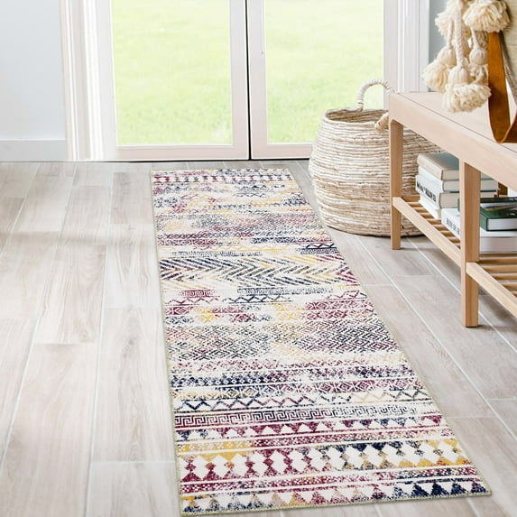 GlowSol 2'x6' Hallway Runner Rug Chenille Bohemian Distressed Moroccan Rug Low Profile Indoor Rug Mat Easy Cleaning Runner Rug, Multi Color