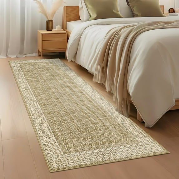 GlowSol 2'x6' Hallway Runner Rug Indoor Modern Bordered Braided Print Non Slip Bedroom Runners for Laundry Kitchen, Camel