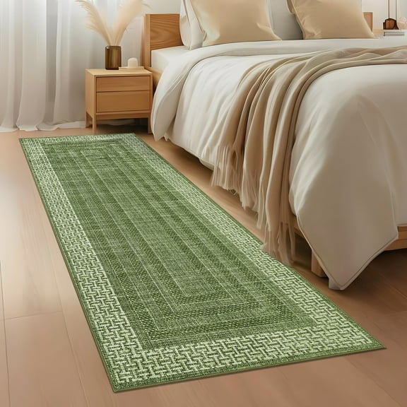 GlowSol 2'x6' Hallway Runner Rug Indoor Modern Bordered Braided Print Non Slip Bedroom Runners for Laundry Kitchen, Green