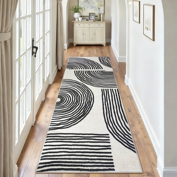 GlowSol 2'x6' Hallway Runner Rug Indoor Modern Geometric Stripes Print Non Slip Bedroom Runners for Laundry Kitchen, Black