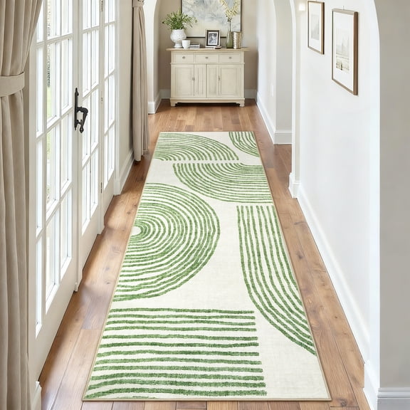GlowSol 2'x6' Hallway Runner Rug Indoor Modern Geometric Stripes Print Non Slip Bedroom Runners for Laundry Kitchen, Green