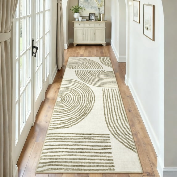 GlowSol 2'x6' Hallway Runner Rug Indoor Modern Geometric Stripes Print Non Slip Bedroom Runners for Laundry Kitchen, Taupe
