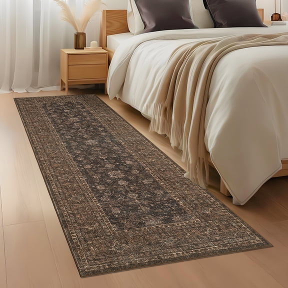 GlowSol 2'x6' Hallway Runner Rug Indoor Vintage Floral Print Non Slip Bedroom Runners for Laundry Kitchen, Red Brown