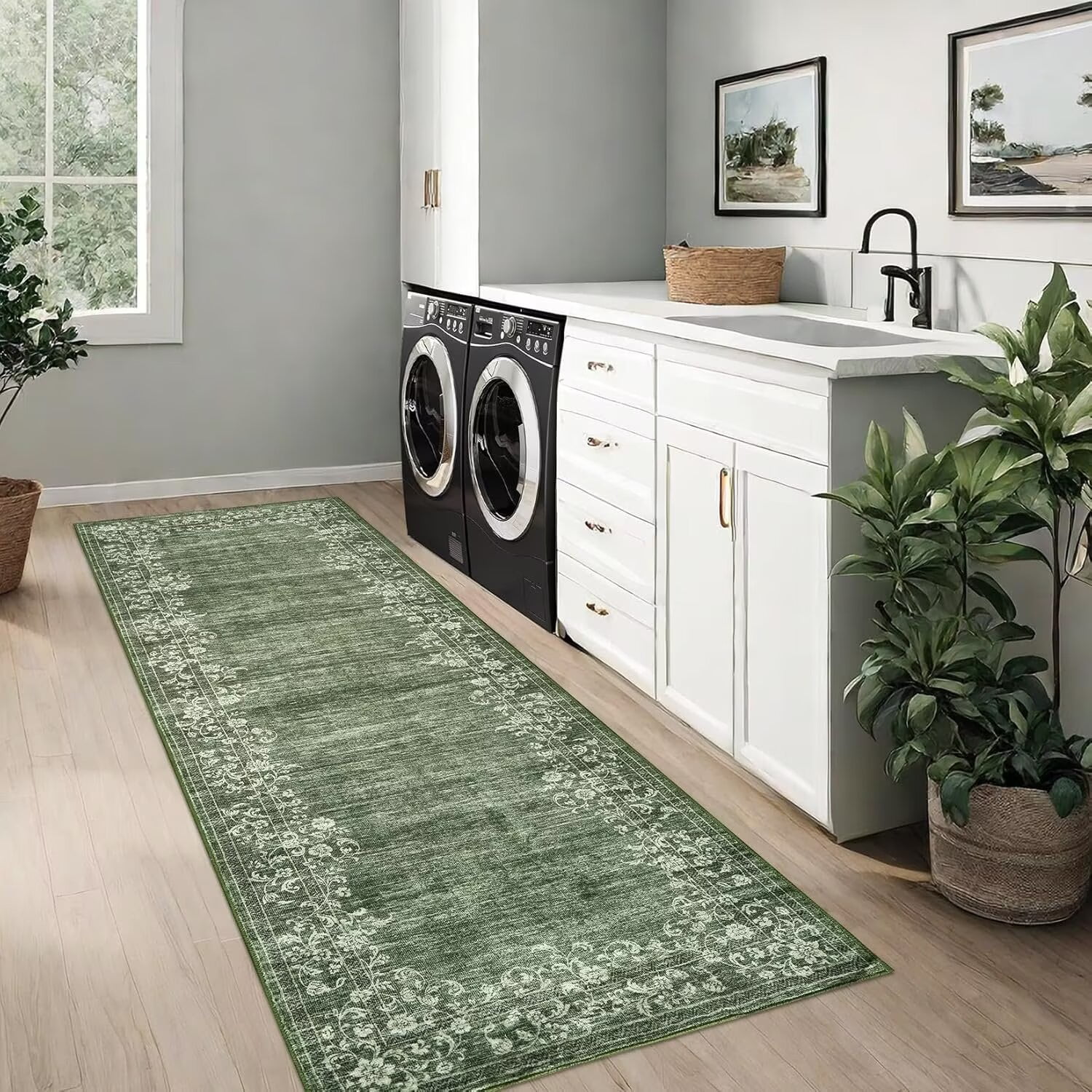 GlowSol 2'x6' Hallway Runner Rug Modern Floral Border Runners Rug Low Pile Non Slip Bedroom Rug Soft Accent Runner Rugs for Kitchen Laundry, Green