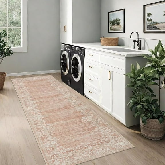 GlowSol 2'x6' Hallway Runner Rug Modern Floral Border Runners Rug Low Pile Non Slip Bedroom Rug Soft Accent Runner Rugs for Kitchen Laundry, Pink