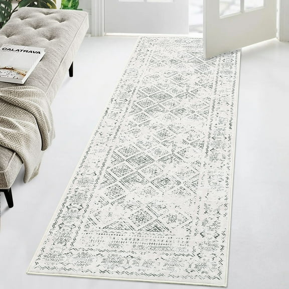 GlowSol 2'x6' Hallway Runner Rug Vintage Distressed Washable Floor Runner Rug Non Slip Boho Bedroom Runner Rugs for Laundry Room, Beige Gray