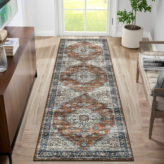 GlowSol 2'x6' Hallway Runner Rugs Washable Vintage Medallion Rug Soft Non Slip Bedroom Floral Print Area Rug for Laundry Room, Red