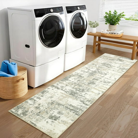 GlowSol 2'x6' Kitchen Runner Rug Modern Abstract Washable Rugs for Laundry Room Indoor Soft Non Slip Low Pile Bedroom Rug, Beige