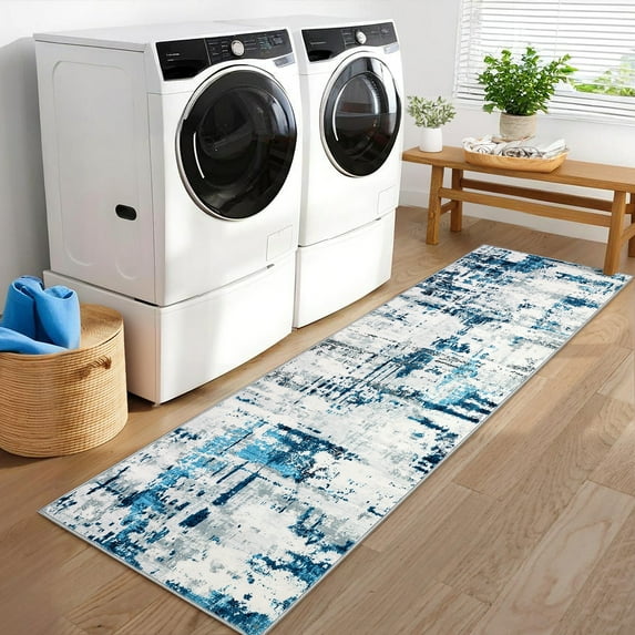 GlowSol 2'x6' Kitchen Runner Rug Modern Abstract Washable Rugs for Laundry Room Indoor Soft Non Slip Low Pile Bedroom Rug, Blue