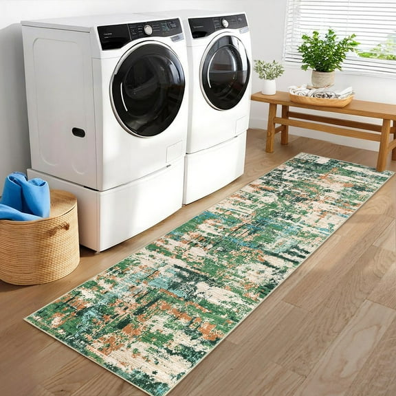 GlowSol 2'x6' Kitchen Runner Rug Modern Abstract Washable Rugs for Laundry Room Indoor Soft Non Slip Low Pile Bedroom Rug, Green