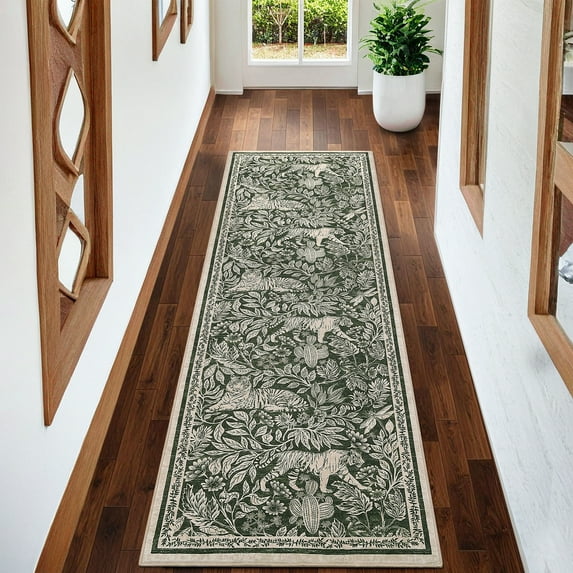 GlowSol 2'x6' Kitchen Washable Runner Rug Forest Tiger Print Runner Rug Vintage Rug Non-Slip Bedsides Rugs for Laundry Room, Green