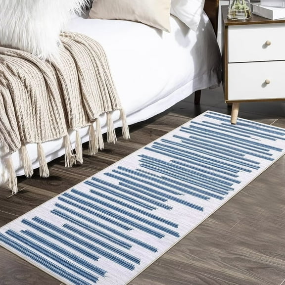 GlowSol 2'x6' Long Runner Rug Modern Berber Stripe Rug Runners Non-Slip Low Pile Indoor Bedsides Rug Carpet for Kitchen Laundry Room, Blue Line