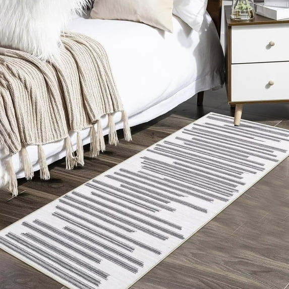 GlowSol 2'x6' Long Runner Rug Modern Berber Stripe Rug Runners Non-Slip Low Pile Indoor Bedsides Rug Carpet for Kitchen Laundry Room, Gray Line