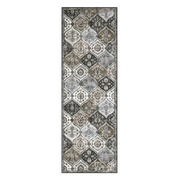 GlowSol 2'x6' Long Runner Rug Moroccan Trellis Runners Non-Slip Bedsides Area Rug Vintage Floral Print Floor Mat for Laundry Room Hallway, Gray Brown