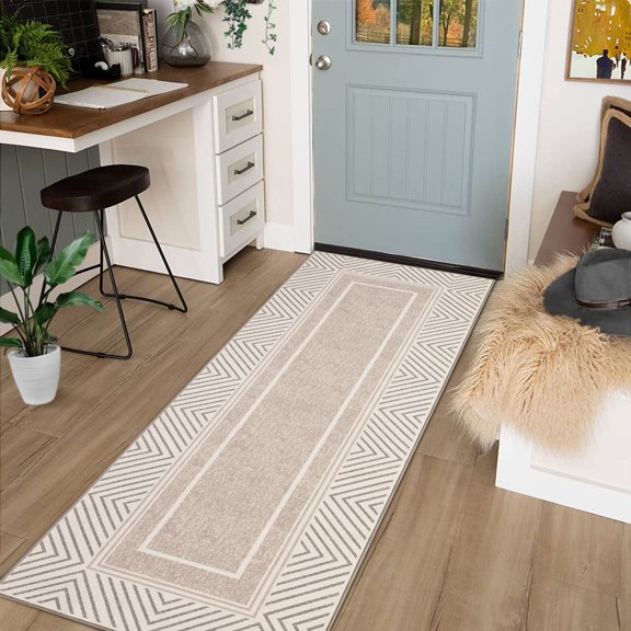 GlowSol 2'x6' Modern Bordered Runner Rug Washable Bedside Rug Runners Non-Slip Low Pile Rug Runner for Hallway Kitchen, Light Brown