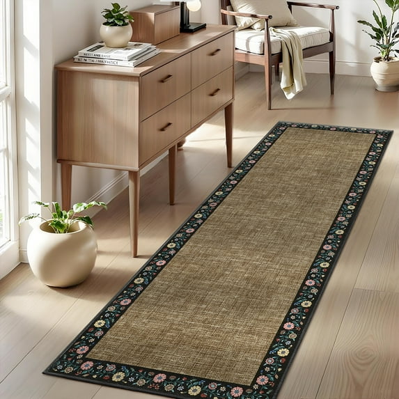 GlowSol 2'x6' Modern Floral Bordered Runner Rug Washable Non-Slip Bedroom Runner Rug Soft Hallway Runner Rugs for Laundry Room, Brown/Black