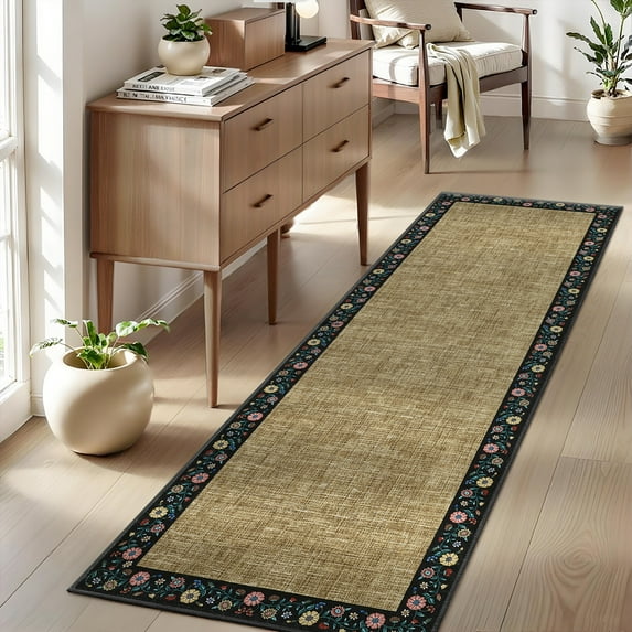 GlowSol 2'x6' Modern Floral Bordered Runner Rug Washable Non-Slip Bedroom Runner Rug Soft Hallway Runner Rugs for Laundry Room, Flax/Black