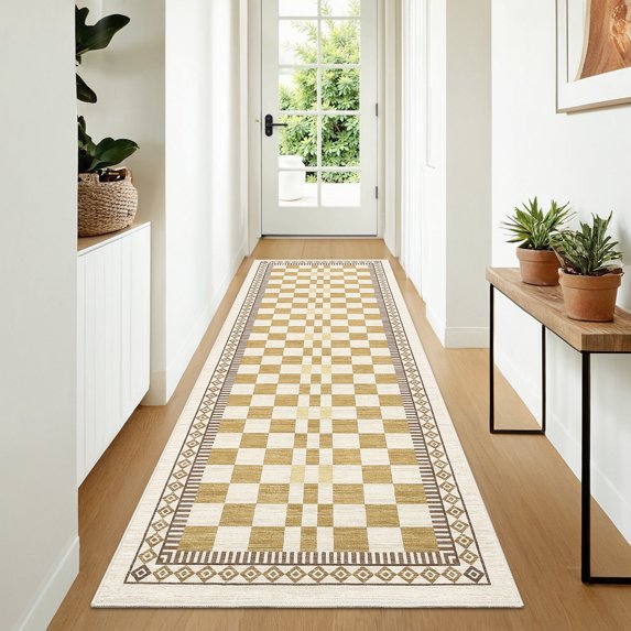 GlowSol 2'x6' Modern Geometric Runner Rug Soft Non-Slip Bedroom Runner Rug Washable Checkered Indoor Runners for Kitchen Hallway Laundry, Yellow