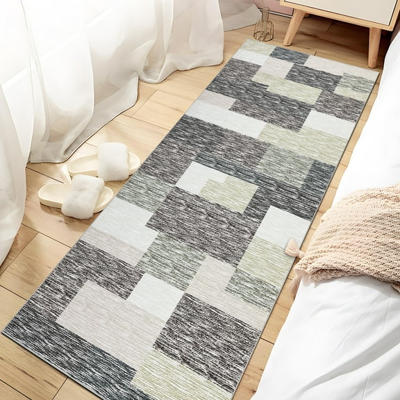 GlowSol 2'x6' Modern Geometric Runner Rug Washable Non Slip Low Pile Bedroom Runner Rug Soft Foldable Runners for Laundry, Gray Green/Multi