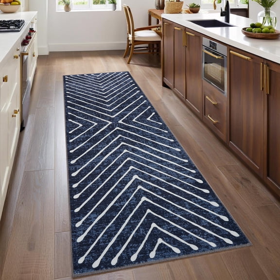 GlowSol 2'x6' Modern Geometric Stripes Runner Rug Washable Non Slip Low Pile Bedroom Runner Rug Soft Foldable Runners for Laundry, Blue