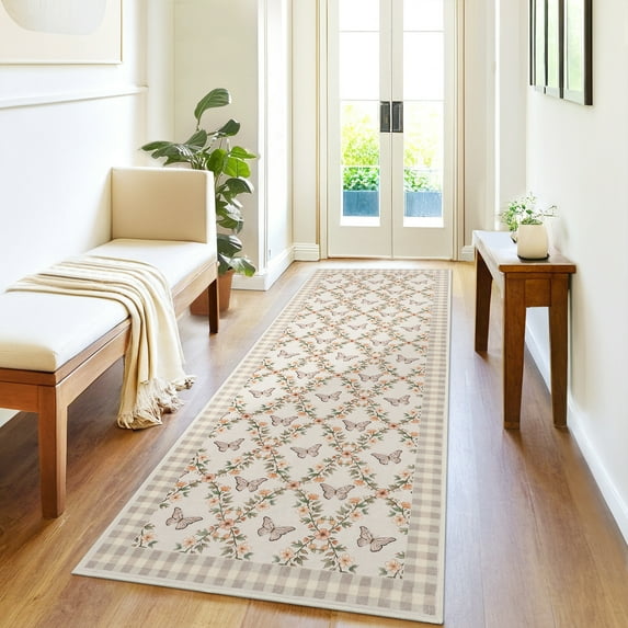 GlowSol 2'x6' Runner Rug Hallway Kitchen Floral Butterfly Pattern Runner Rug Soft Non Slip Bedroom Runner Rug for Laundry Entryway, Taupe