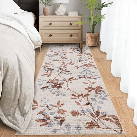 GlowSol 2'x6' Runner Rug Hallway Kitchen Leaf Pattern Runner Rug Soft Non Slip Bedroom Runner Rug for Laundry Entryway, Beige