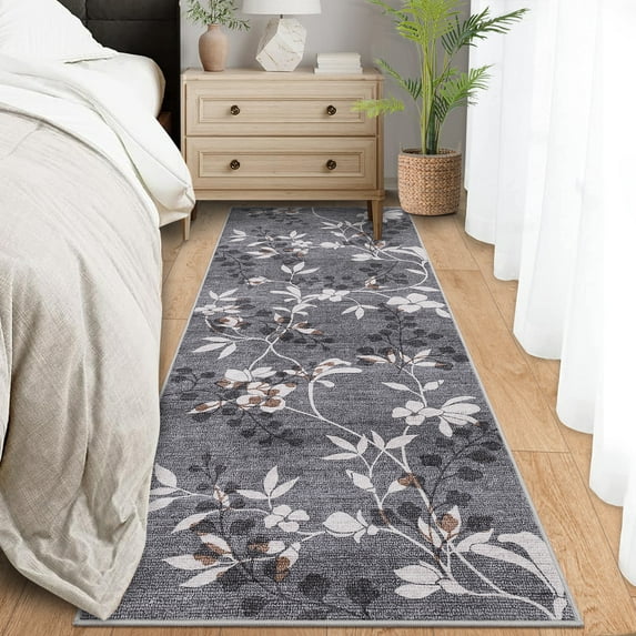 GlowSol 2'x6' Runner Rug Hallway Kitchen Leaf Pattern Runner Rug Soft Non Slip Bedroom Runner Rug for Laundry Entryway, Gray