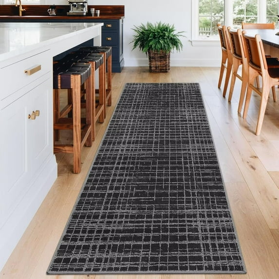 GlowSol 2'x6' Runner Rug Modern Abstract Runner Rug Low Pile Non-Slip Bedroom Geometric Stripes Rug for Laundry Room Kitchen, Black