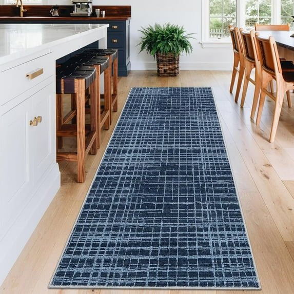 GlowSol 2'x6' Runner Rug Modern Abstract Runner Rug Low Pile Non-Slip Bedroom Geometric Stripes Rug for Laundry Room Kitchen, Blue