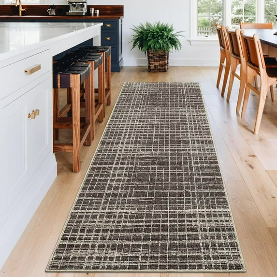 GlowSol 2'x6' Runner Rug Modern Abstract Runner Rug Low Pile Non-Slip Bedroom Geometric Stripes Rug for Laundry Room Kitchen, Brown