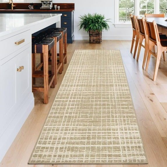 GlowSol 2'x6' Runner Rug Modern Abstract Runner Rug Low Pile Non-Slip Bedroom Geometric Stripes Rug for Laundry Room Kitchen, Camel