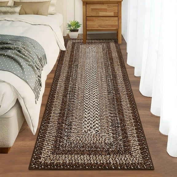 GlowSol 2'x6' Runner Rug Modern Braided Print Runner Rug Washable Non Slip Low Pile Runners for Kitchen Hallway Laundry, Brown