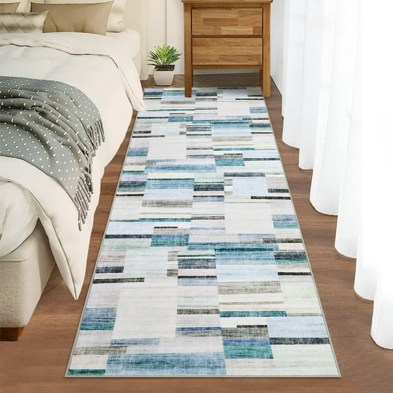 GlowSol 2'x6' Runner Rug Modern Geometric Washable Non Slip Bedroom Rug Soft Low Pile Runner Rug for Hallway Kitchen Laundry Room, Blue