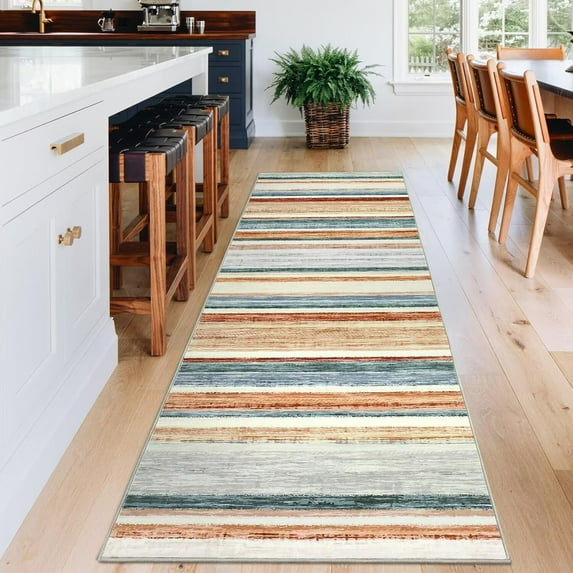 GlowSol 2'x6' Runner Rug Modern Striped Hallway Kitchen Runner Rugs Non-Slip Low Pile Bedroom Rug for Laundry Room, Green/Multi